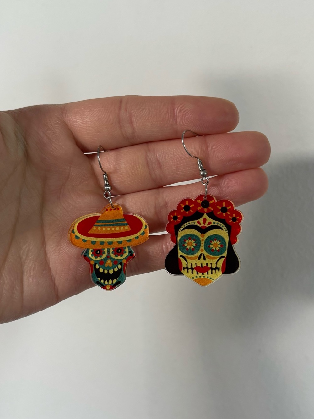 Day of the Dead Sugar Skull Dangle Earrings - Colorful Red & Yellow